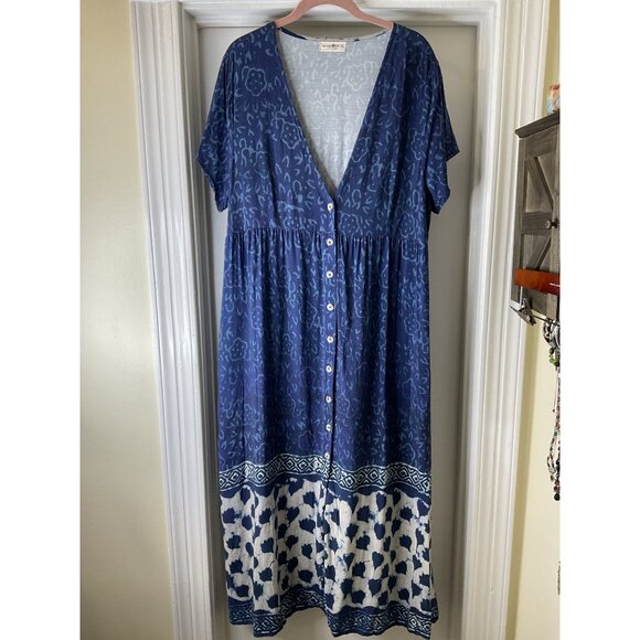 Natural Life Hand Designed Boho Floral Print Deep V-Neck Maxi Dress Size XL - Picture 1 of 8